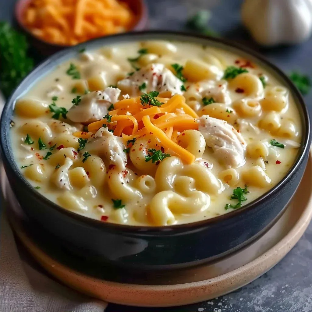 Creamy Chicken Macaroni Cheese Soup