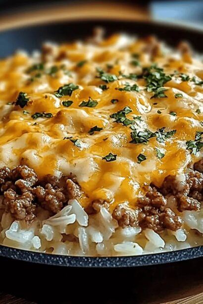 Creamy Garlic Butter Beef and Rice Skillet with Cheddar Sauce
