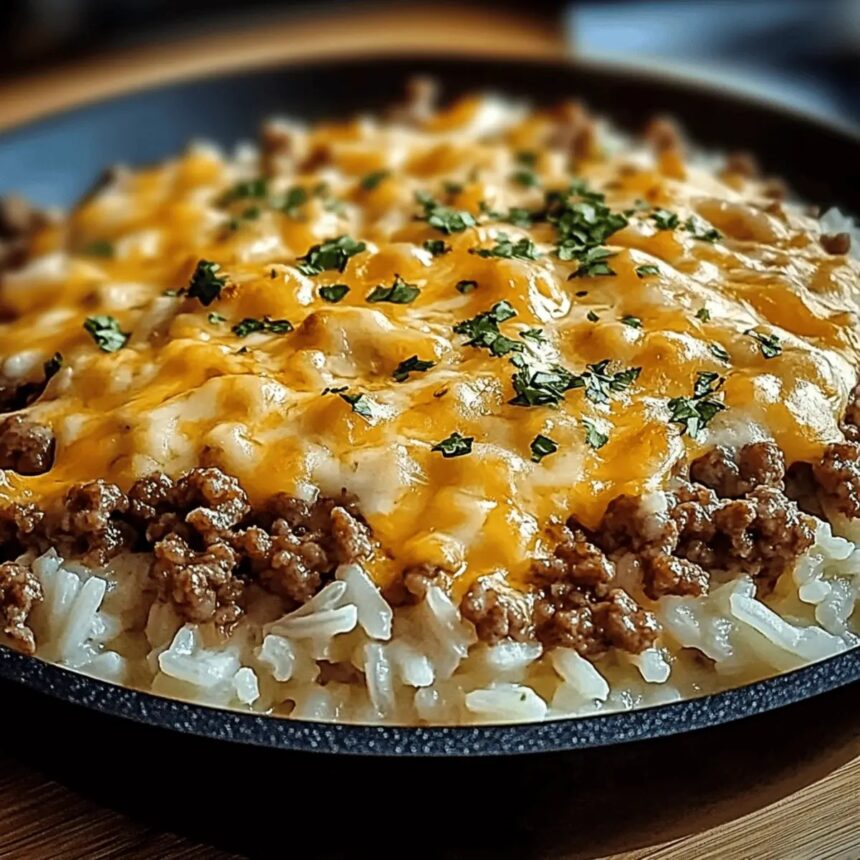 Creamy Garlic Butter Beef and Rice Skillet with Cheddar Sauce