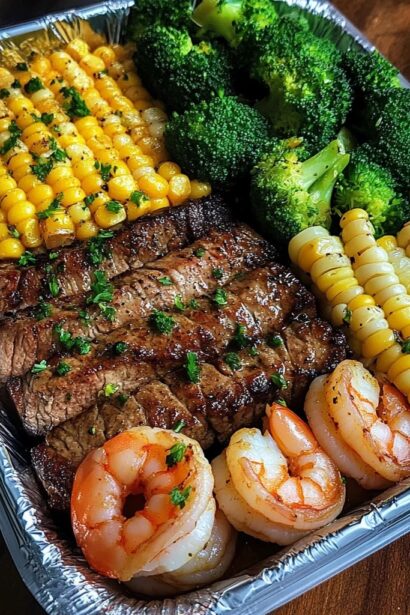Quick Steak, Shrimp, Corn & Broccoli Tray Meal Recipe