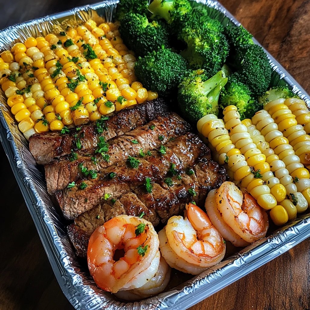 Quick Steak, Shrimp, Corn & Broccoli Tray Meal Recipe