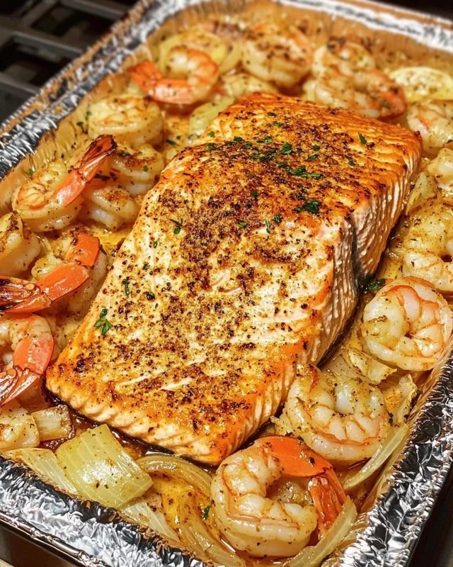 Sheet Pan Garlic Butter Salmon & Shrimp