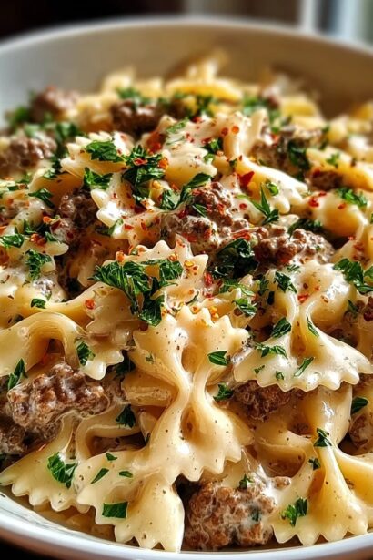 Beef and Bowtie Pasta with Alfredo Sauce