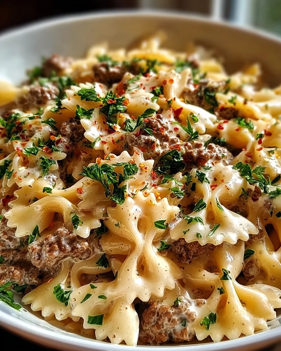 Beef and Bowtie Pasta with Alfredo Sauce