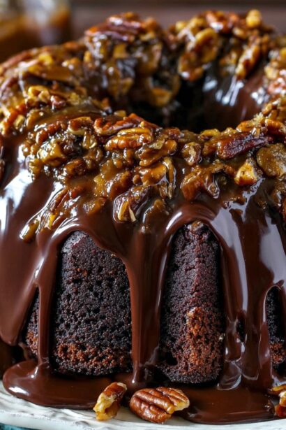 Chocolate Turtle Bundt Cake (Caramel, Pecan & Ganache Perfection) - Snack On Meat