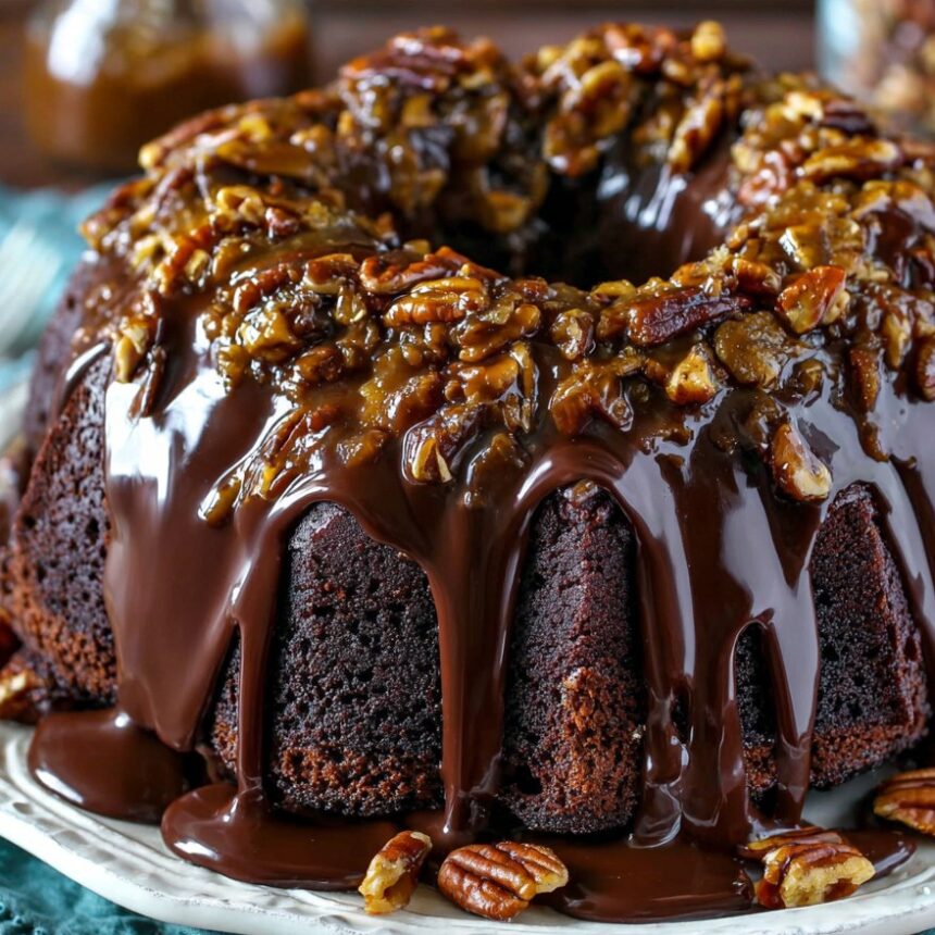 Chocolate Turtle Bundt Cake (Caramel, Pecan & Ganache Perfection) - Snack On Meat