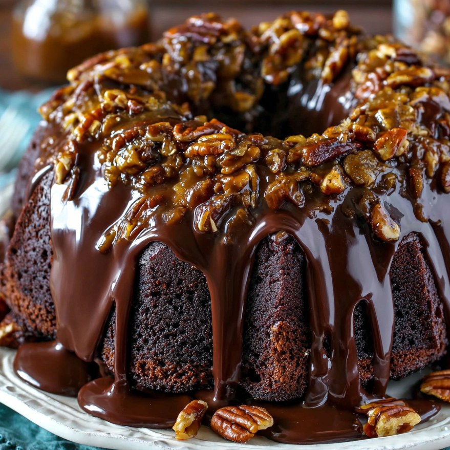 Chocolate Turtle Bundt Cake (Caramel, Pecan & Ganache Perfection) - Snack On Meat