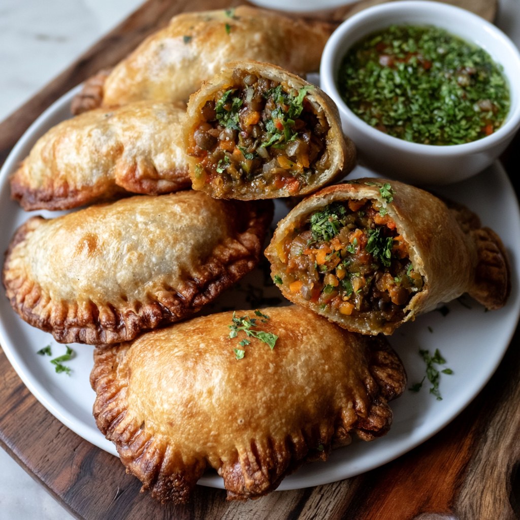 Lentil and Veggie Vegan Empanadas with Chimichurri - Snack On Meat
