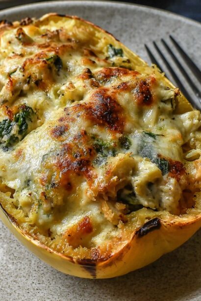 Spinach and Artichoke Stuffed Spaghetti Squash - Snack On Meat