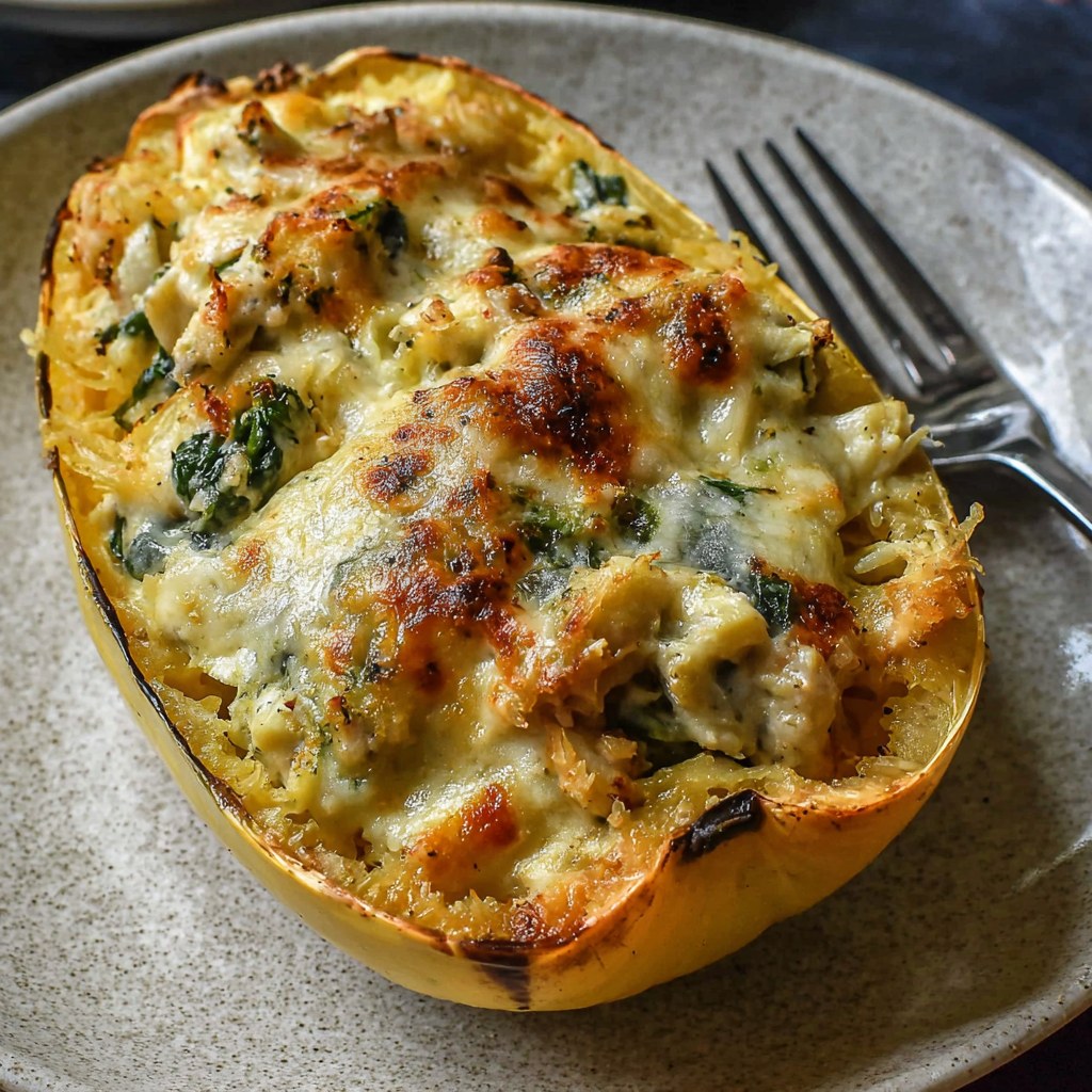 Spinach and Artichoke Stuffed Spaghetti Squash - Snack On Meat