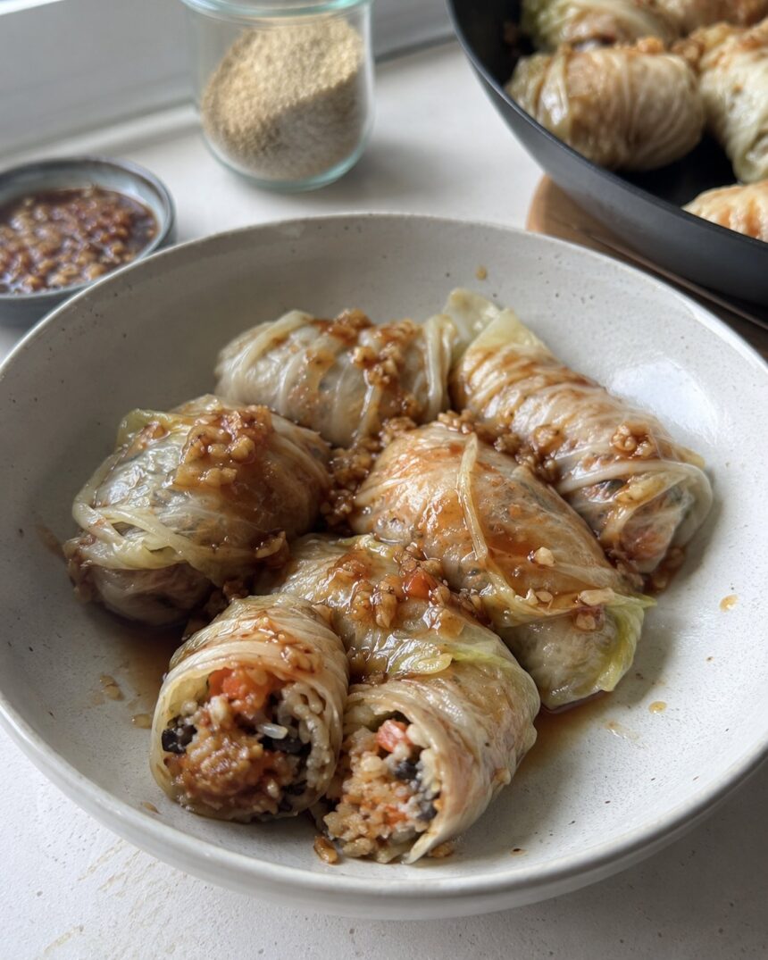 Vegan Cabbage Rolls with Chinese Garlic Sauce - Snack On Meat