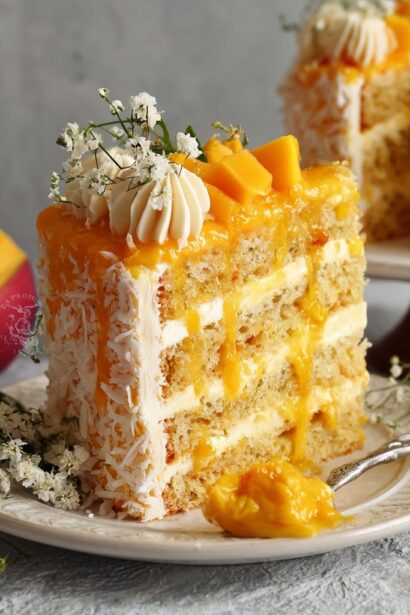 Vegan Mango Coconut Cake (Tropical Layer Cake) - Snack On Meat