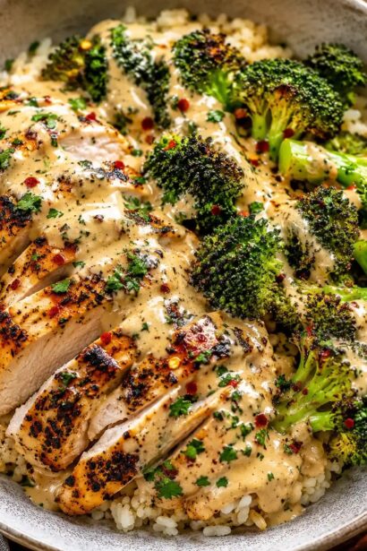 Iresistible grilled chicken and broccoli bowls with creamy garlic sauce