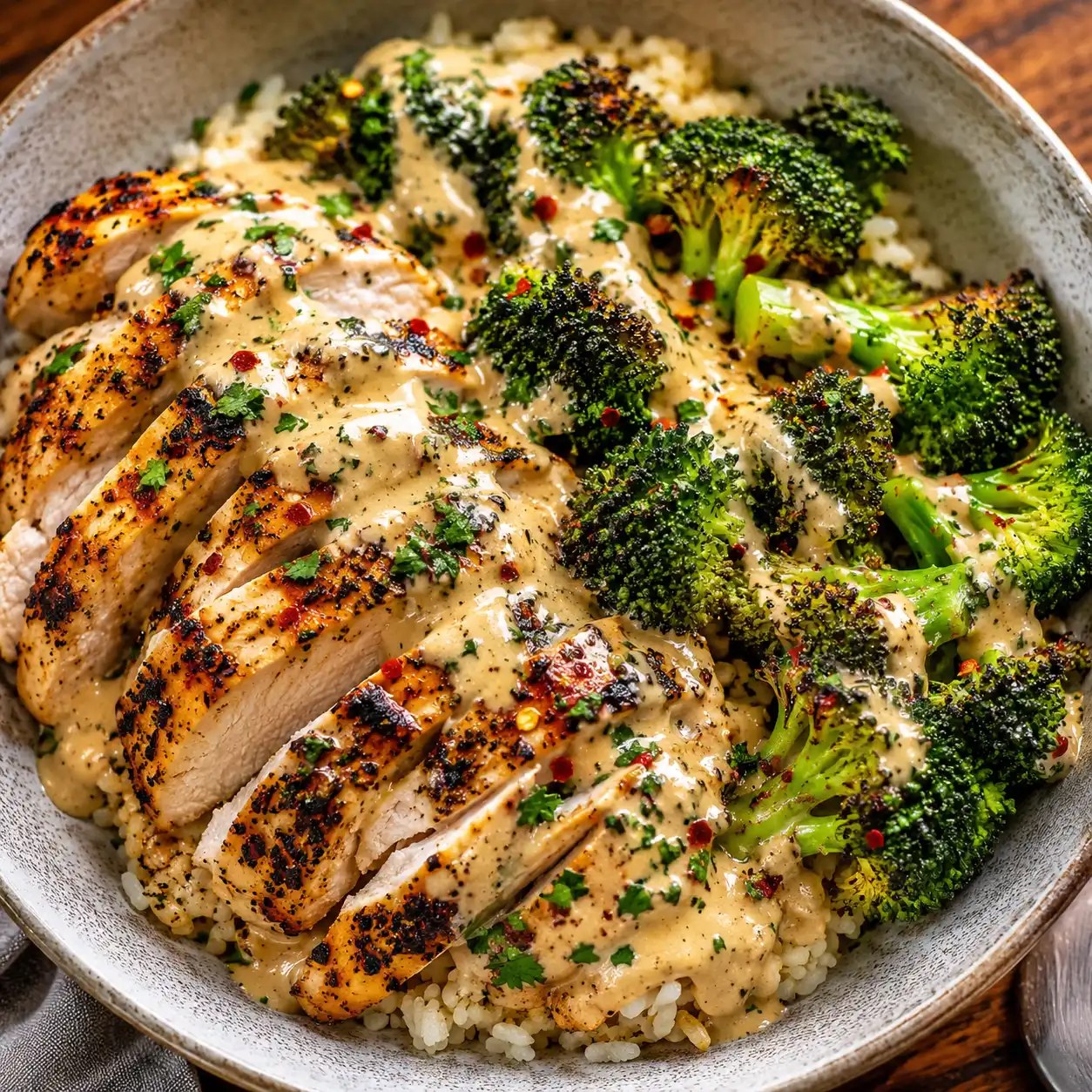 Iresistible grilled chicken and broccoli bowls with creamy garlic sauce