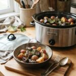 Slow cooker garlic butter beef bites and potatoes