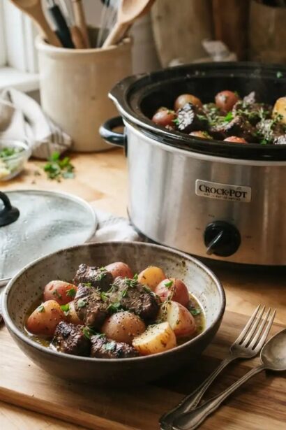 Slow cooker garlic butter beef bites and potatoes