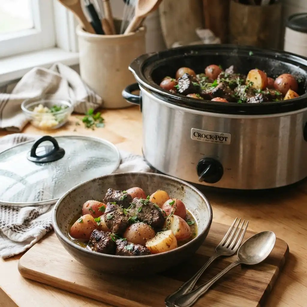 Slow cooker garlic butter beef bites and potatoes