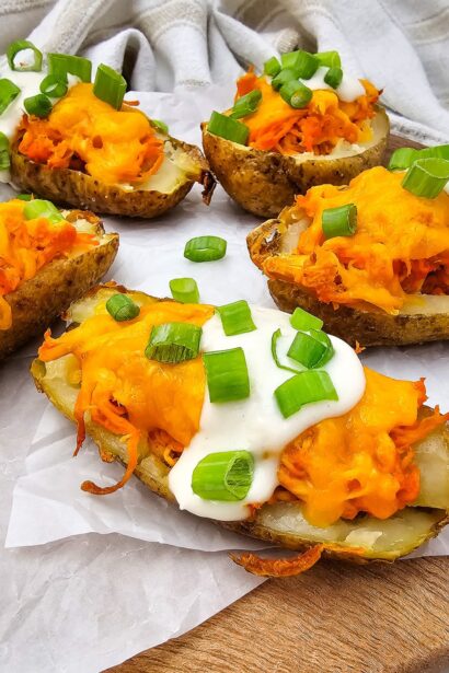 Buffalo Chicken Potato Skins | She's Not Cookin'