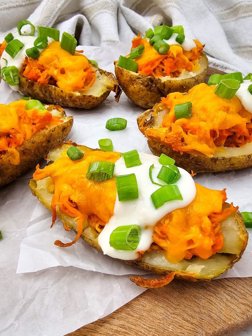 Buffalo Chicken Potato Skins | She's Not Cookin'