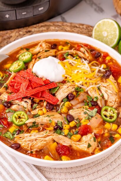 Crockpot Chicken Enchilada Soup | She's Not Cookin'