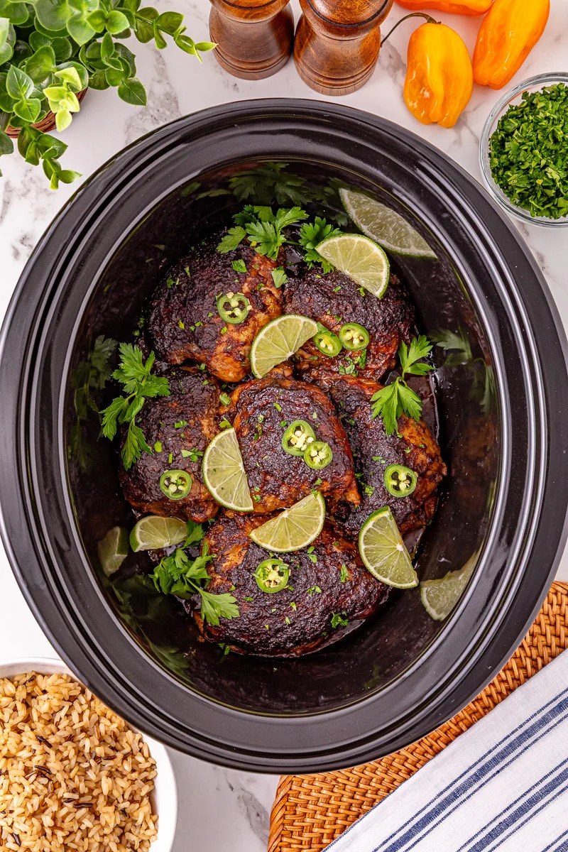 Crockpot Jerk Chicken Thighs | She's Not Cookin'