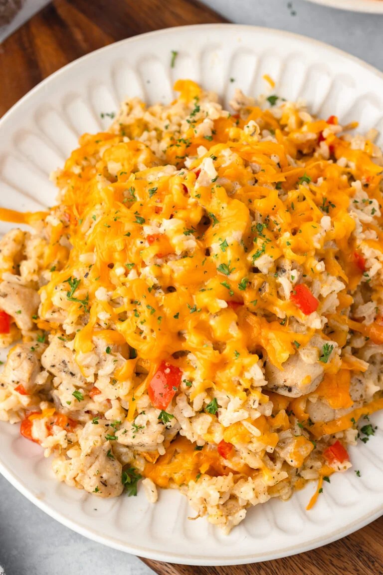 Easy Cheesy Chicken & Rice Casserole | She's Not Cookin'