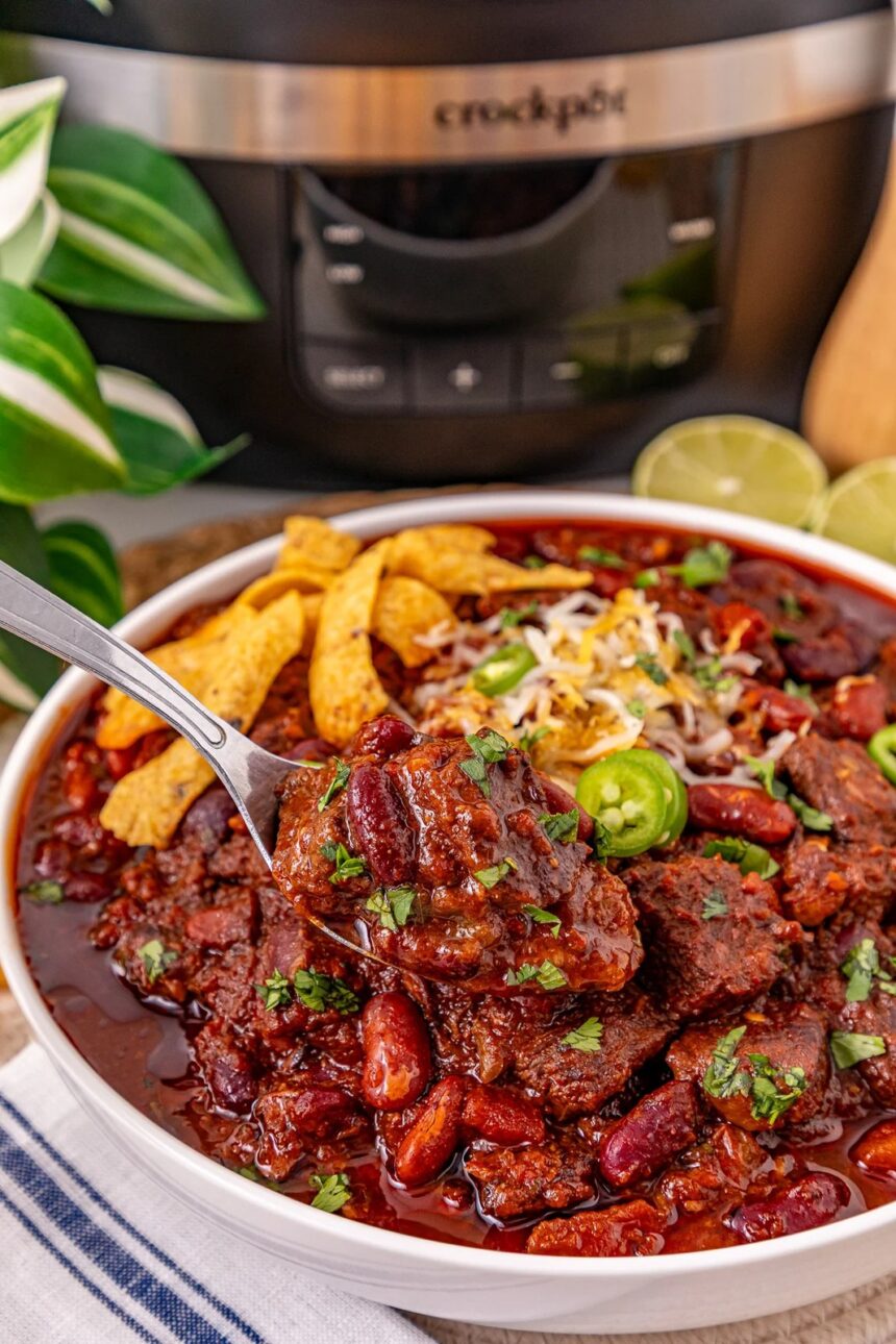 Slow Cooker Steak Chili (Chili Con Carne) | She's Not Cookin'